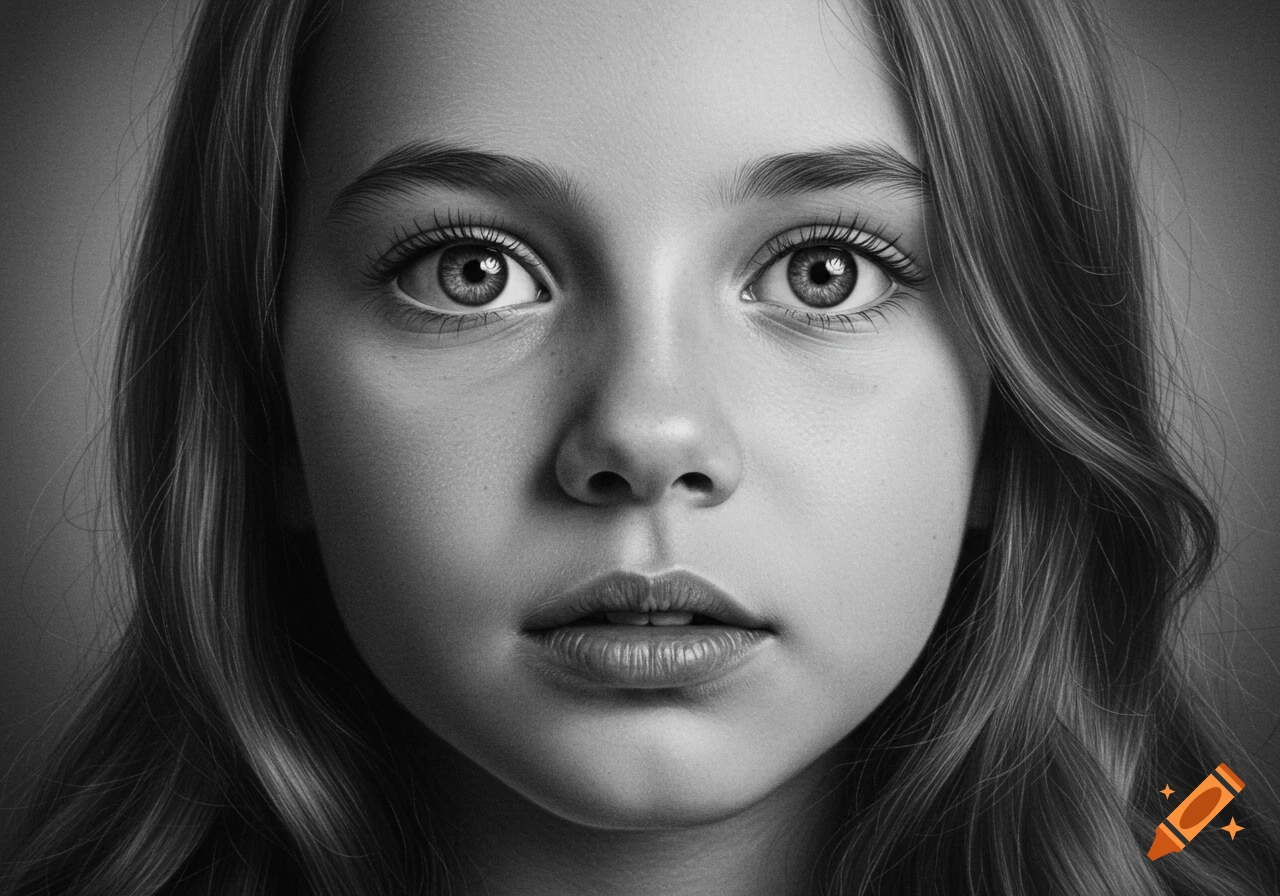 Close-up black and white drawing of a young girl's face looking directly forward.