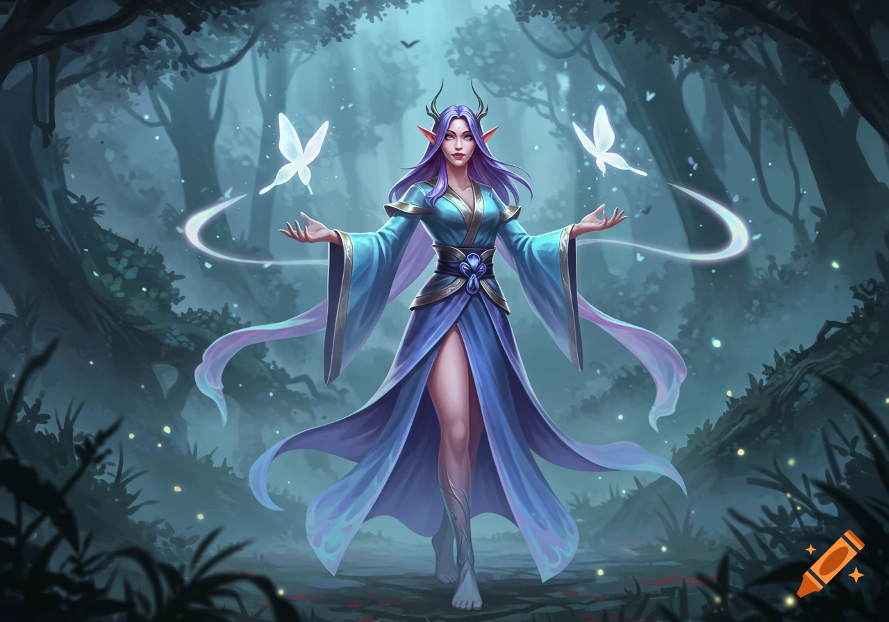 A purple-haired elf-like woman with horns in a blue and purple dress stands in a misty forest, glowing butterflies around her.