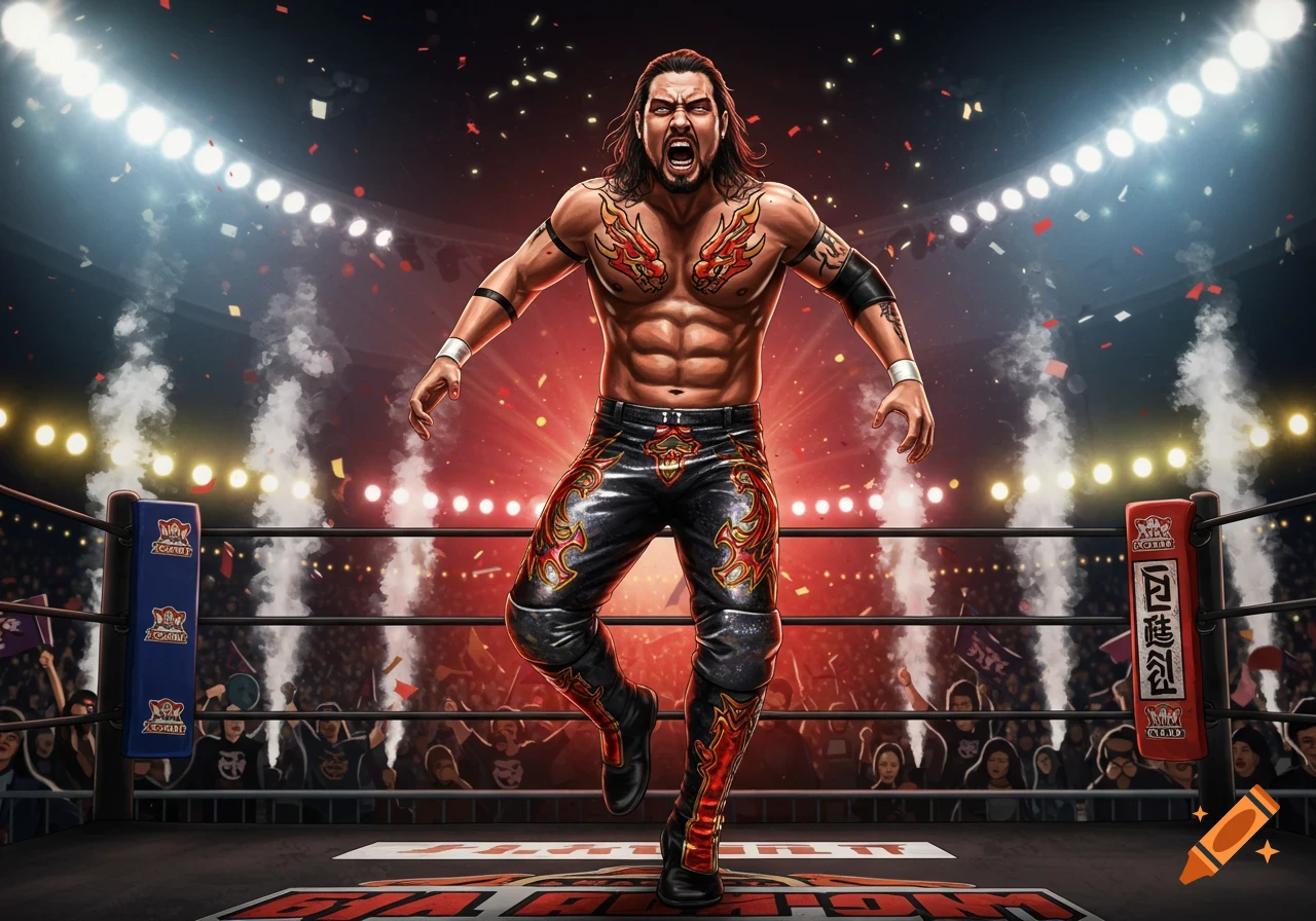 A muscular professional wrestler with dragon tattoos roars in a brightly lit wrestling ring as confetti falls.