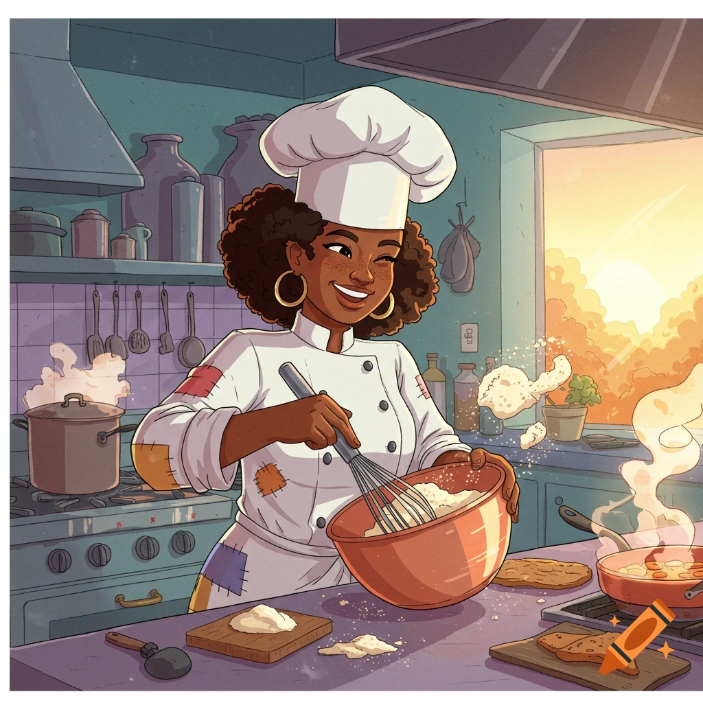 A smiling cartoon black woman chef whisks ingredients in a bowl in a sunlit kitchen.