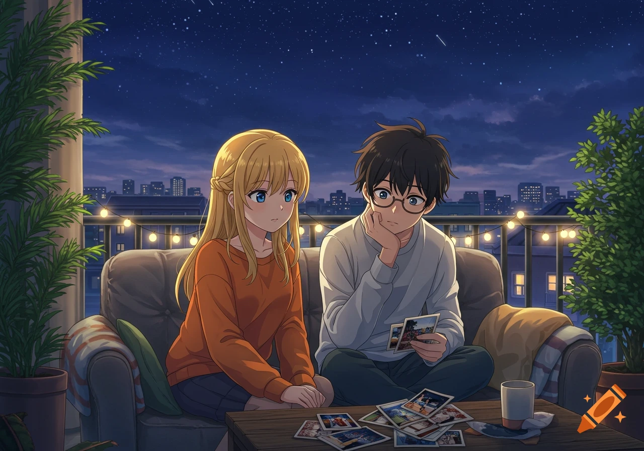 Anime teenage couple sitting on a couch on a rooftop balcony at night, looking at photos. The blonde girl wears an orange shirt, the boy wears glasses.