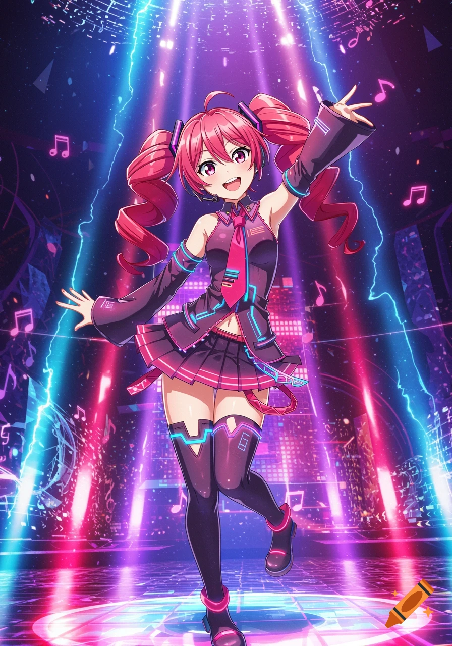 An anime girl with pink pigtails, wearing a dark purple and pink cybernetic outfit, poses on a glowing stage surrounded by neon lights and musical notes.
