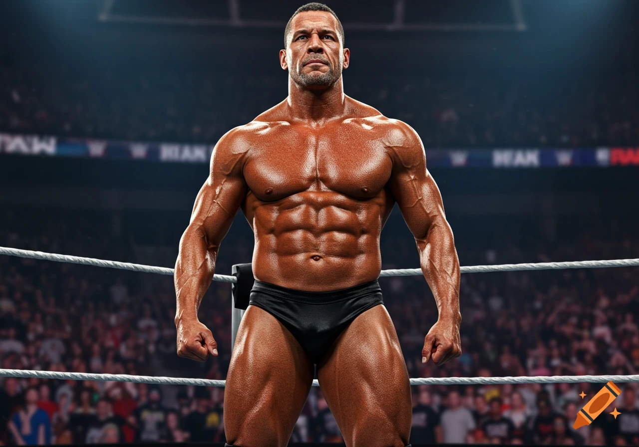 Photorealistic image of a muscular male wrestler in black trunks standing in a wrestling ring.