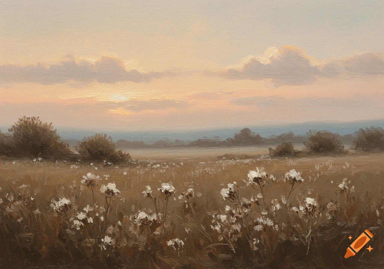 Oil painting of a muted country field with white flowers in the foreground, distant bushes, and a soft, cloudy sunset sky.