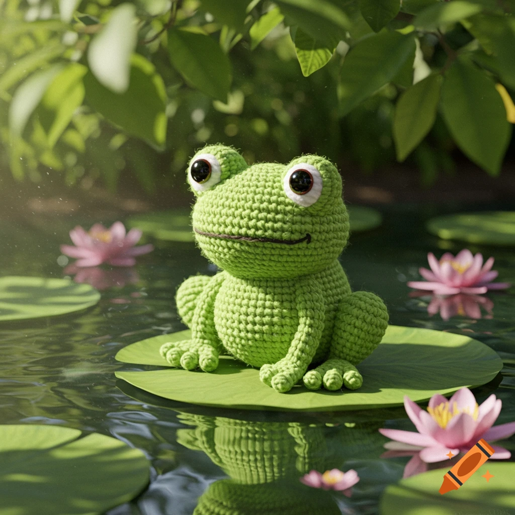 A cute green crochet frog with big eyes sits on a lily pad surrounded by pink water lilies in a pond.
