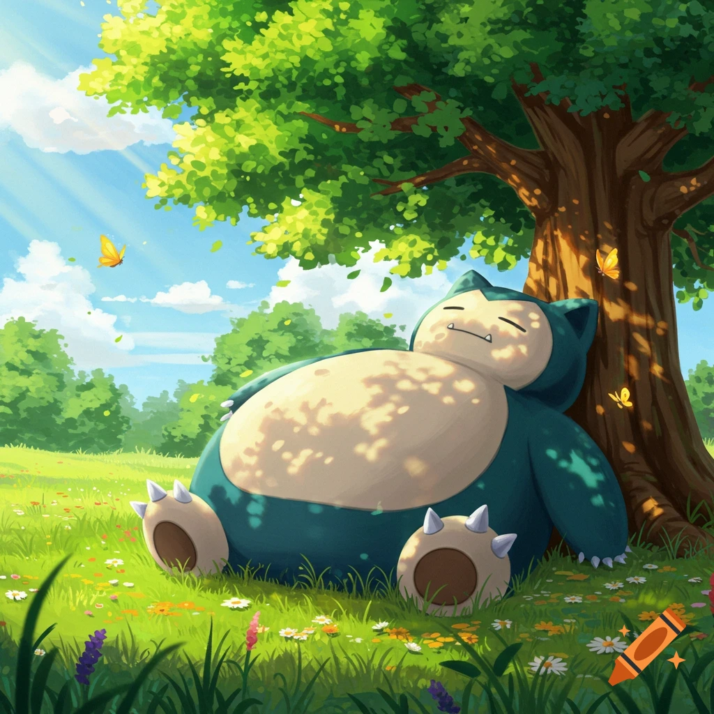 Cartoon illustration of Snorlax sleeping peacefully under a large tree in a sunny, grassy field with butterflies.