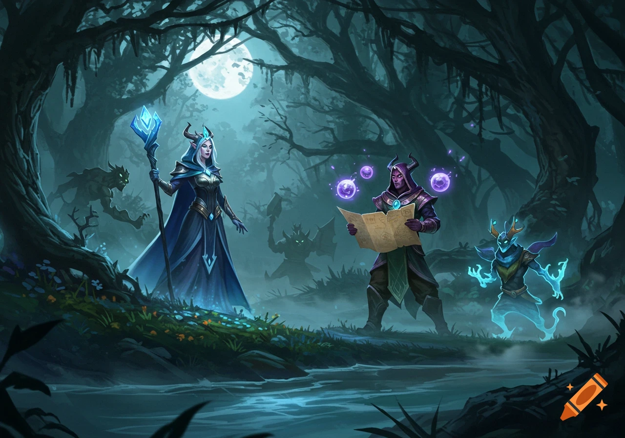 Two spellcasters and shadowy creatures in a dark, moonlit, misty fantasy forest with a river.
