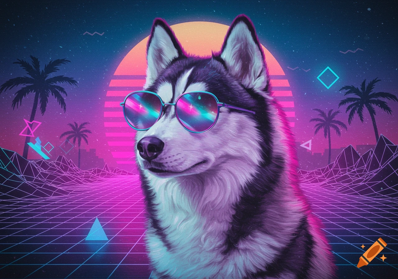 A husky dog wearing pink and blue sunglasses in a vibrant neon vaporwave landscape with palm trees and a sunset grid.
