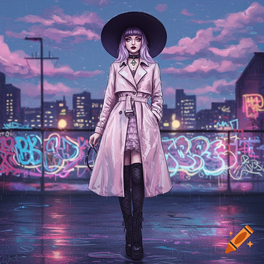 A pastel goth woman with lavender hair stands on a wet rooftop at night, wearing a pink trench coat, black wide-brimmed hat, and high boots, with a neon-graffiti covered wall and city skyline behind her.