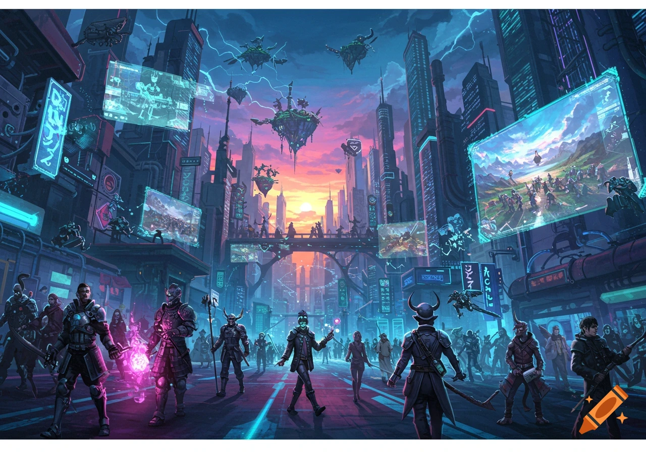 A vibrant cyberpunk city at sunset, with armored characters on a street and bridge, holographic displays, and floating islands.