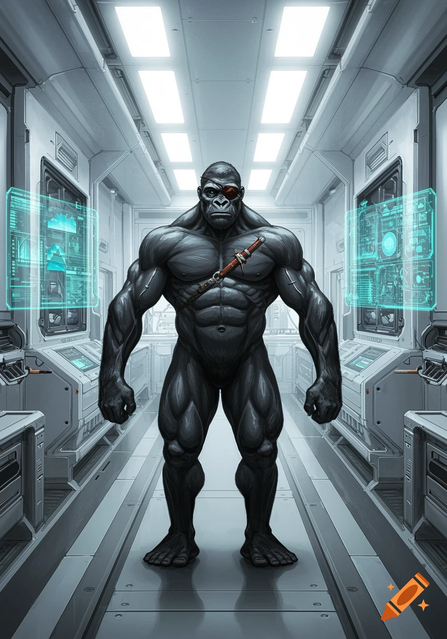 A muscular, anthropomorphic gorilla with an eyepatch and dagger stands in a futuristic sci-fi corridor with glowing holographic screens.