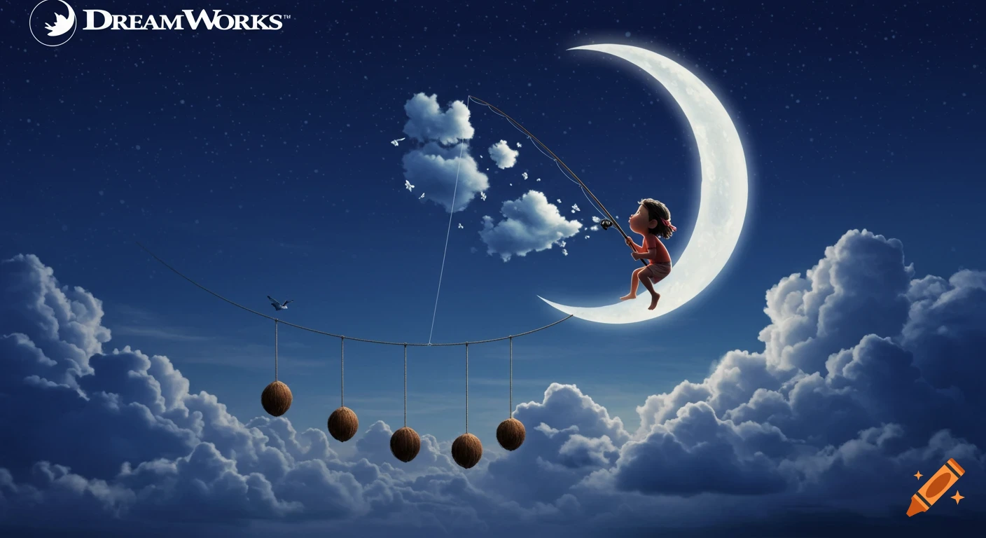 A child sits on a crescent moon, fishing for clouds in a starry night sky with coconuts hanging below and a bird flying. DreamWorks logo.