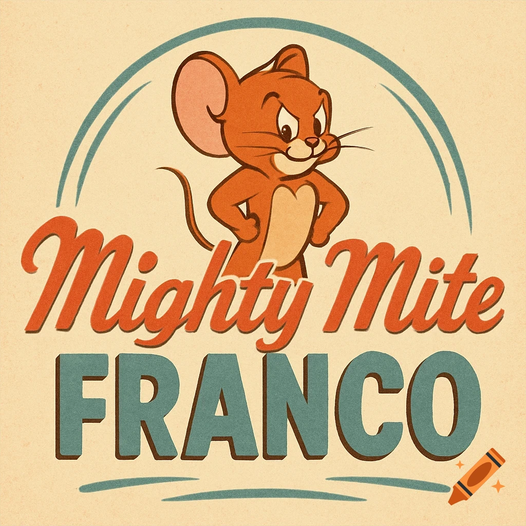A vintage 1950s style logo featuring Jerry the mouse flexing muscles above the text 'Mighty Mite Franco'.