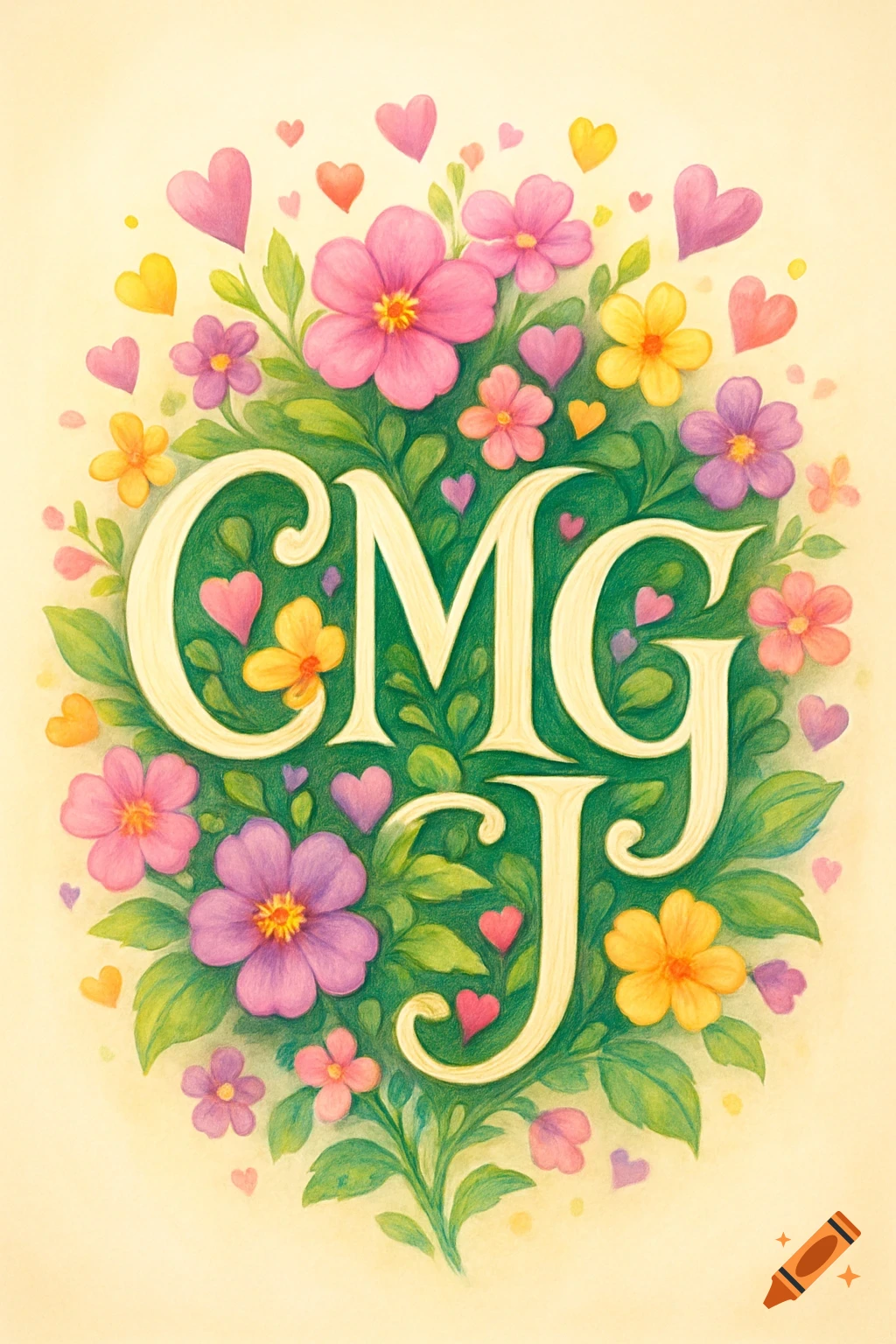 Green leafy letters CMGJ surrounded by colorful flowers and hearts on a cream background, illustrated style.
