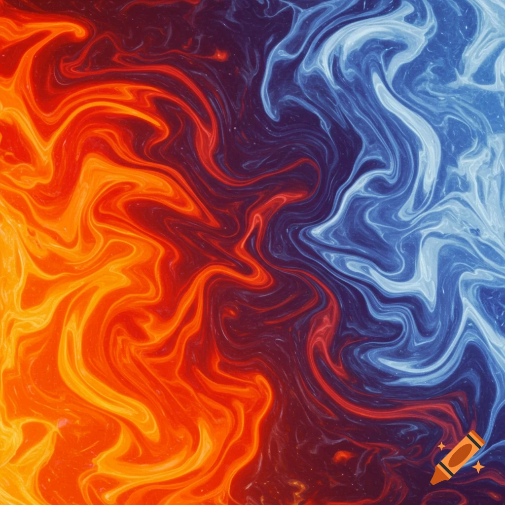 Abstract swirling pattern of orange, red, blue, and purple liquid marbling.
