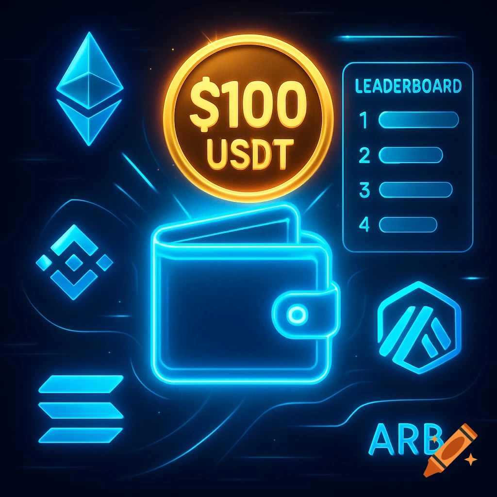 A futuristic digital graphic with a glowing blue wallet, a golden $100 USDT coin, a leaderboard, and various crypto icons like Ethereum, Solana, Binance, and Arbitrum, all against a dark background with neon blue highlights.