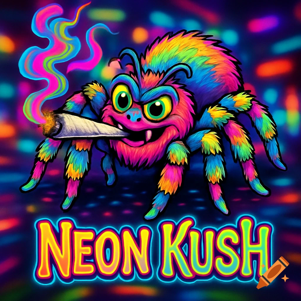 A vibrant neon cartoon spider with colorful fur smokes a joint, exhaling rainbow smoke, with 'NEON KUSH' text below.