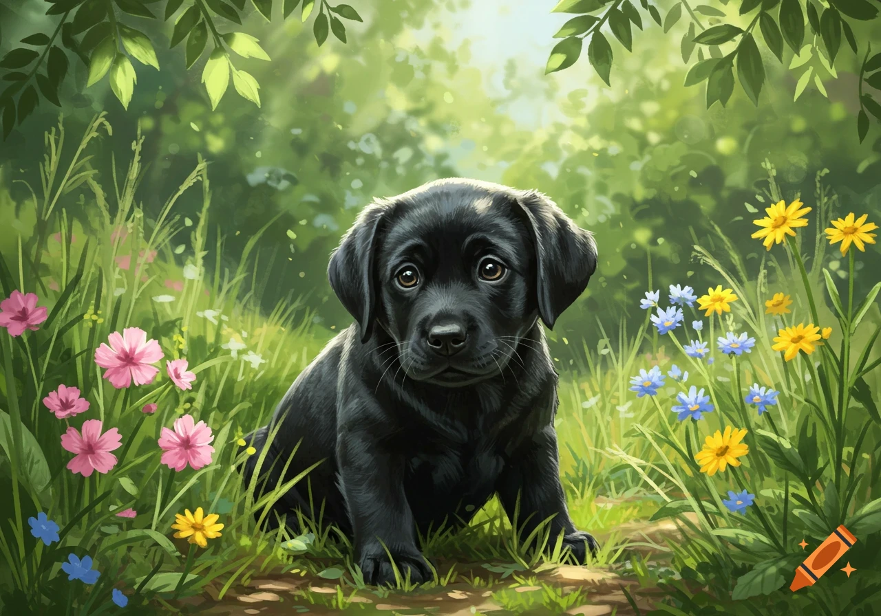 A cute black labrador puppy sits in a lush green garden filled with pink, yellow, and blue flowers.