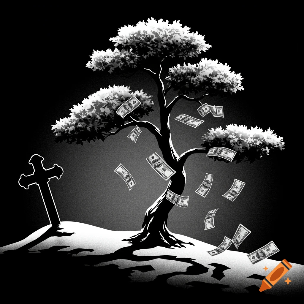 A black and white stencil illustration shows a bonsai tree with dollar bills falling from its branches, next to a large cross on a small hill.