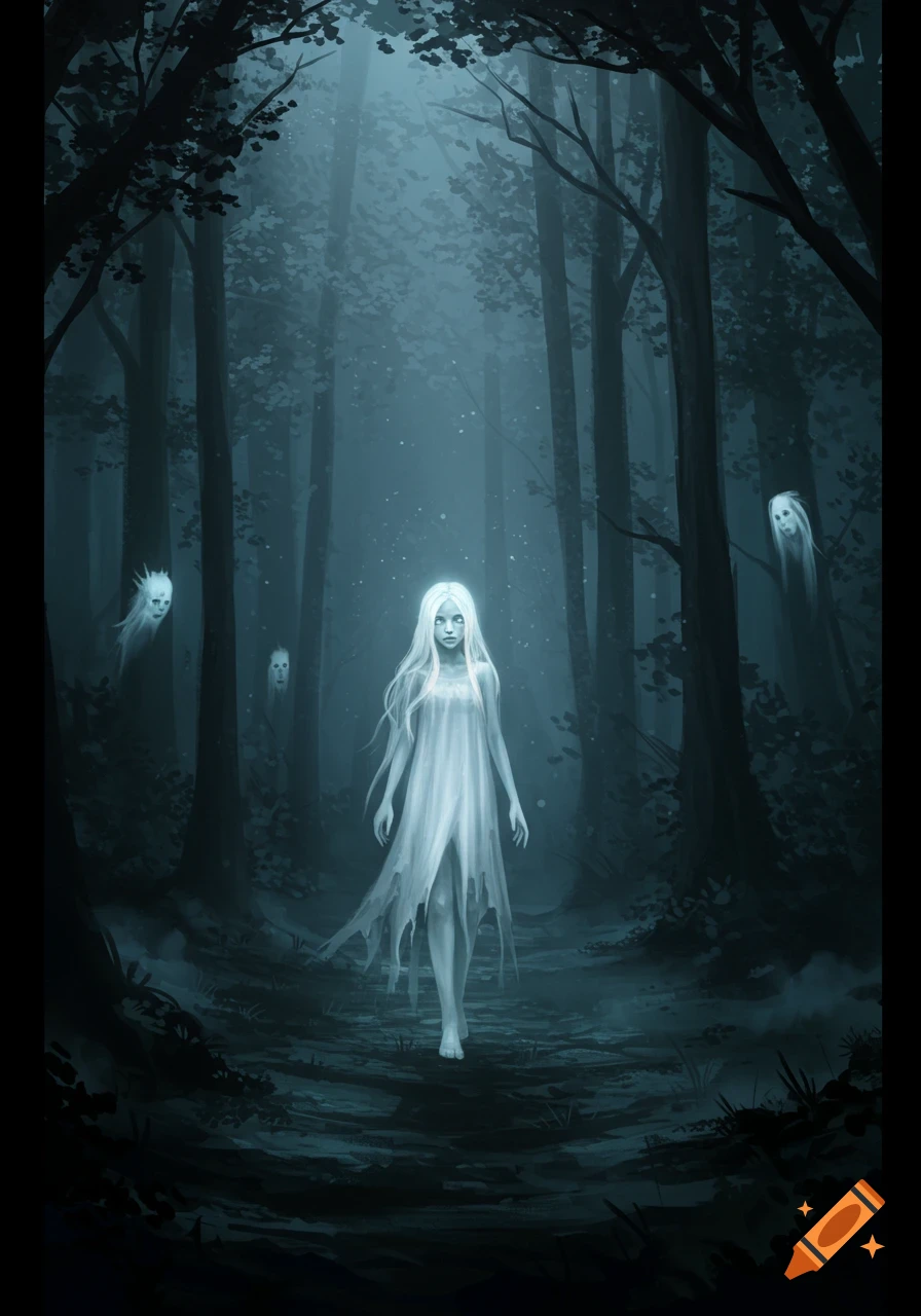 A luminous ghost girl walks through a dark, misty forest with other spectral figures watching from the trees, digital art.