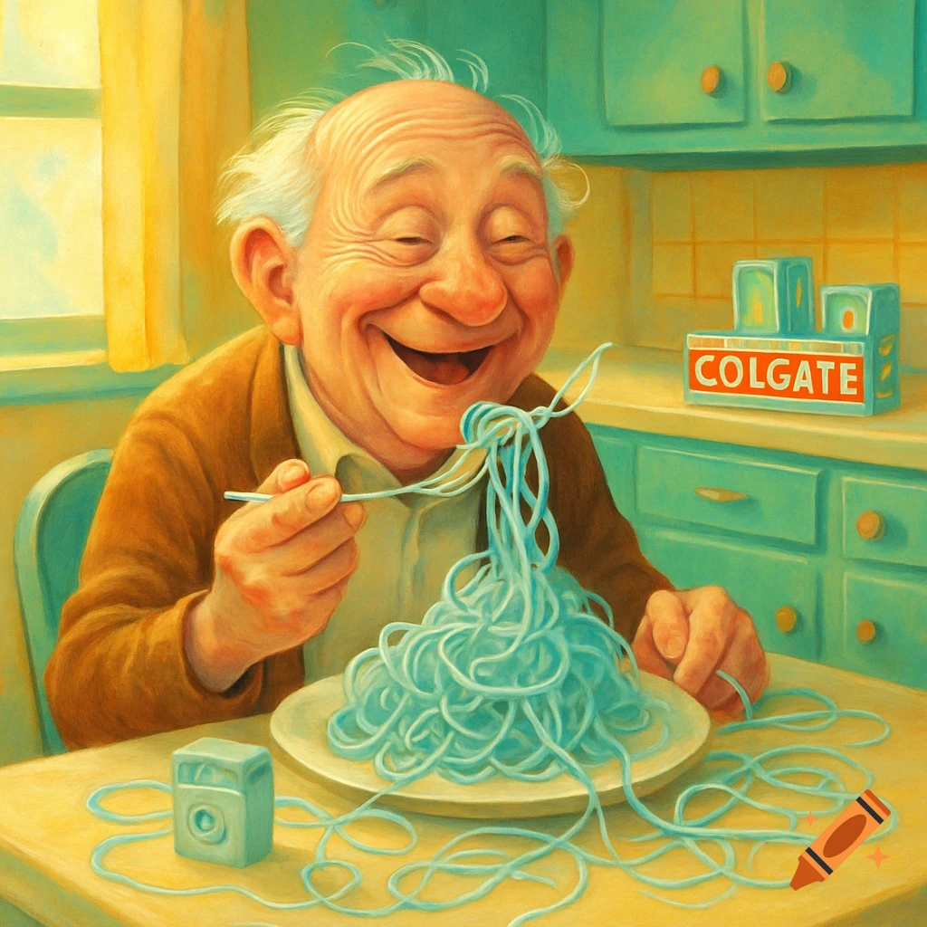 A happy old man eats blue spaghetti/floss from a plate in a kitchen, with a Colgate box in the background, in a painted style.