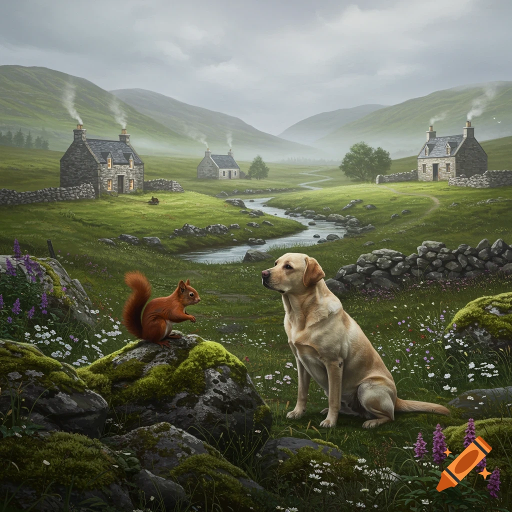 A red squirrel on a mossy rock faces a Labrador retriever in the Scottish Highlands, with stone cottages, a stream, and misty green hills.