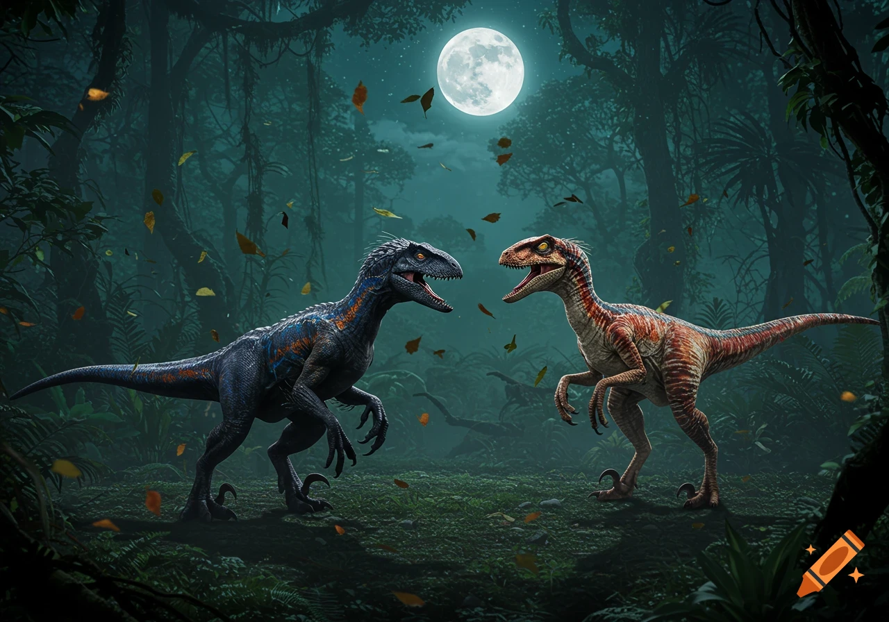 A photorealistic image of a dark blue Indoraptor facing a reddish-brown Utahraptor in a moonlit jungle with falling leaves.