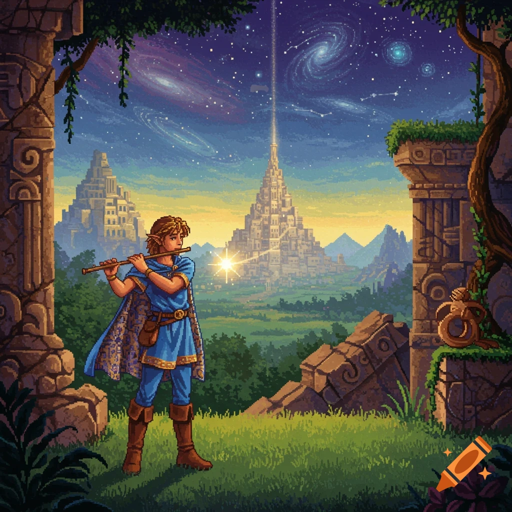 A pixel art depiction of a person with a flute in a fantasy landscape with ancient ruins and a celestial sky.
