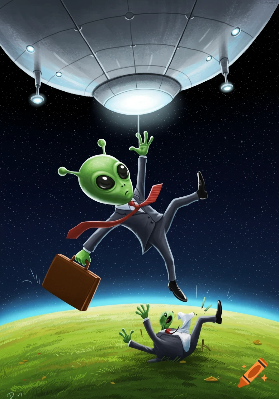 A cartoon alien in a suit is pulled into a UFO above a grassy planet while another alien lies on the ground.