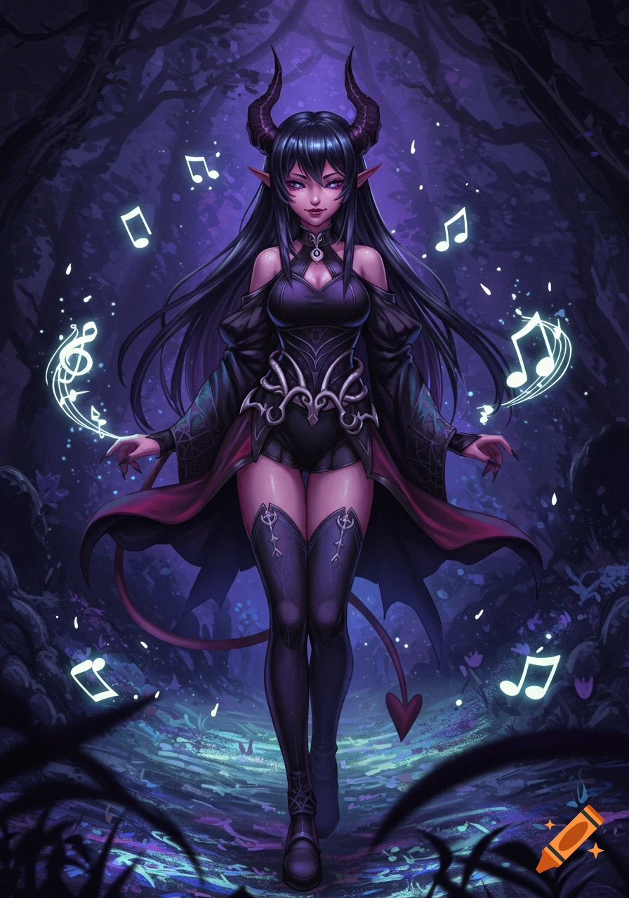 Anime demon girl with horns, long dark hair, and a tail, standing in a magical forest surrounded by glowing musical notes.