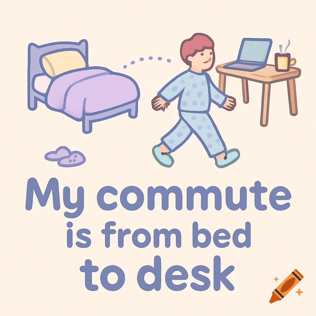 Cartoon illustration of a person in pajamas walking from a bed to a desk, with text 'My commute is from bed to desk'.