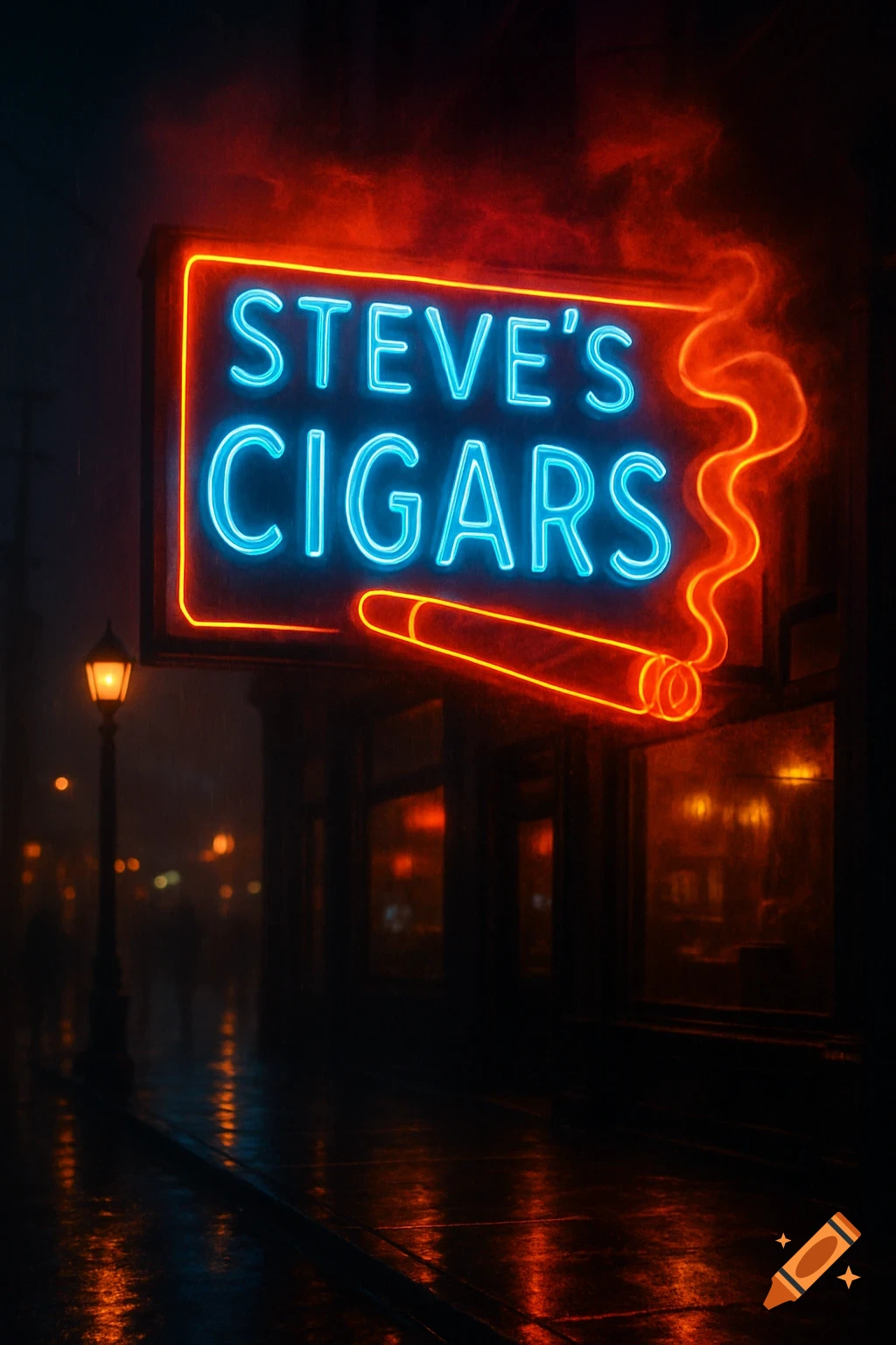 A glowing neon sign for Steve's Cigars illuminates a wet city street at night, with a street lamp and reflections on the pavement.