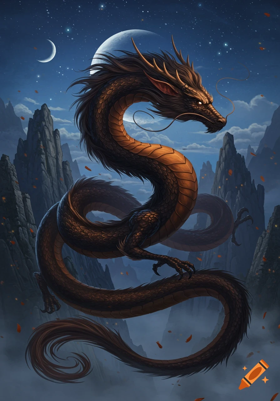 A majestic brown and black Chinese dragon coils in a starry night sky with a large moon and towering mountains.