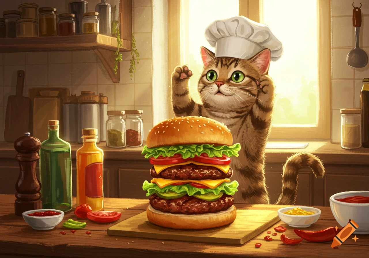 An illustrated cat chef in a white hat stands behind a large burger on a wooden table in a sunny kitchen.