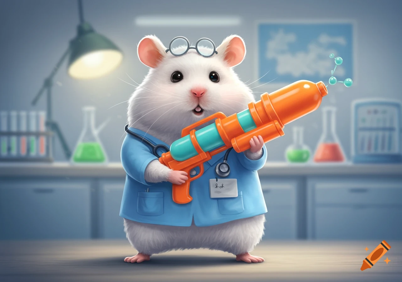 A cute white hamster in blue doctor's scrubs holds a large orange and teal squirt gun in a laboratory.