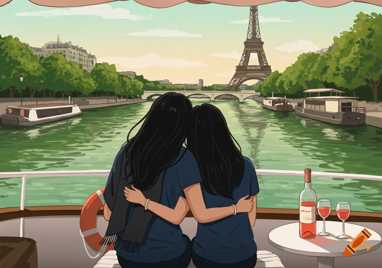 Two women hug on a boat on the Seine River, viewing the Eiffel Tower in Paris, in a warm animated cartoon style.