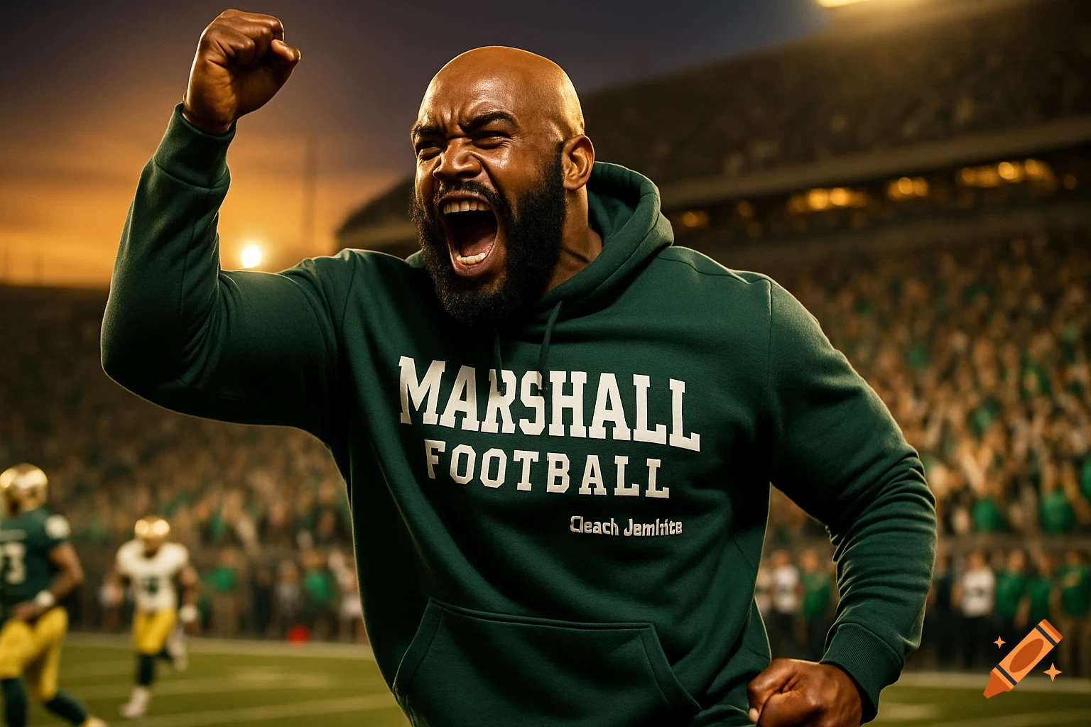 Bald, bearded coach in green 'MARSHALL FOOTBALL' hoodie celebrates on football field at night. Stadium and players in background. Photorealistic.