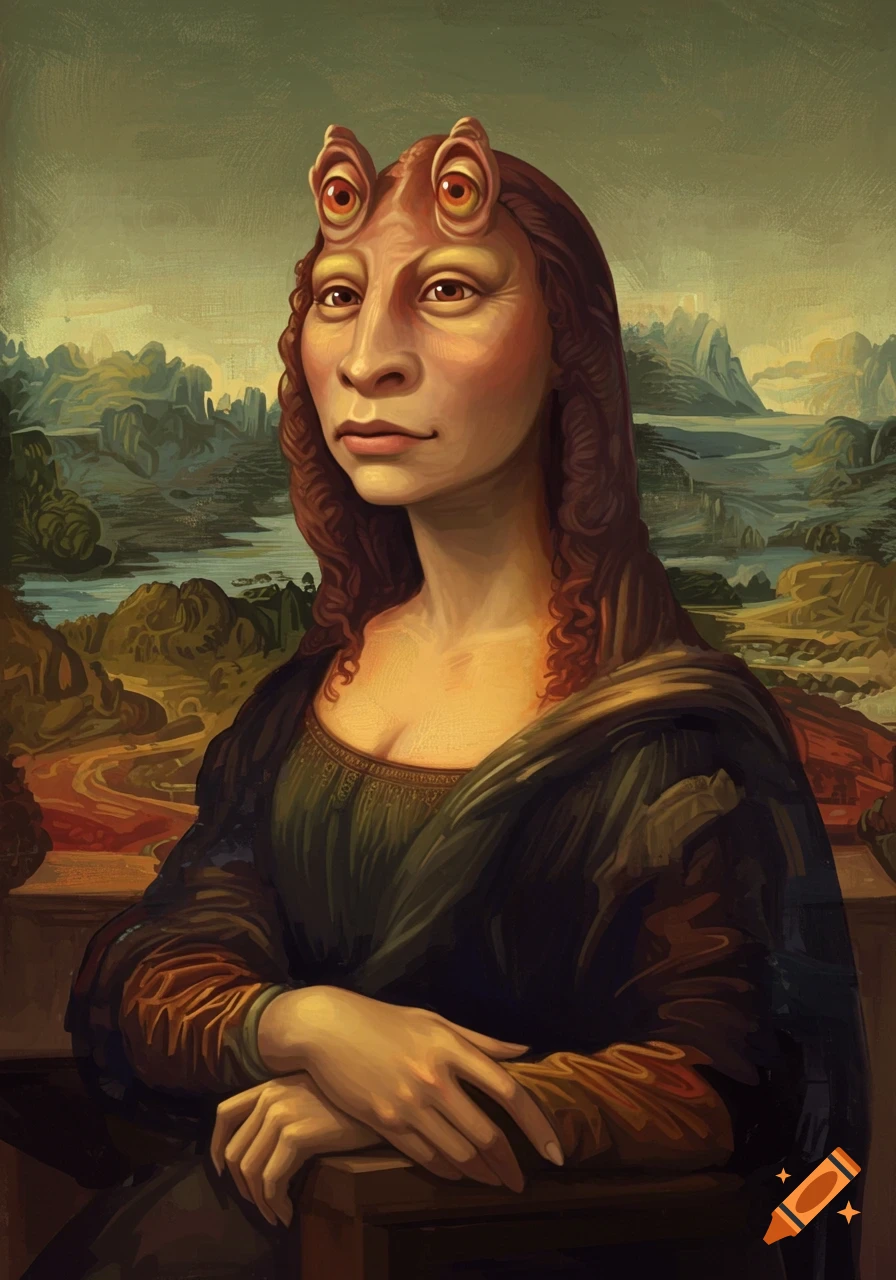 A painting of Jar Jar Binks stylized as the Mona Lisa, featuring the character's head on a classical portrait body with hands crossed.