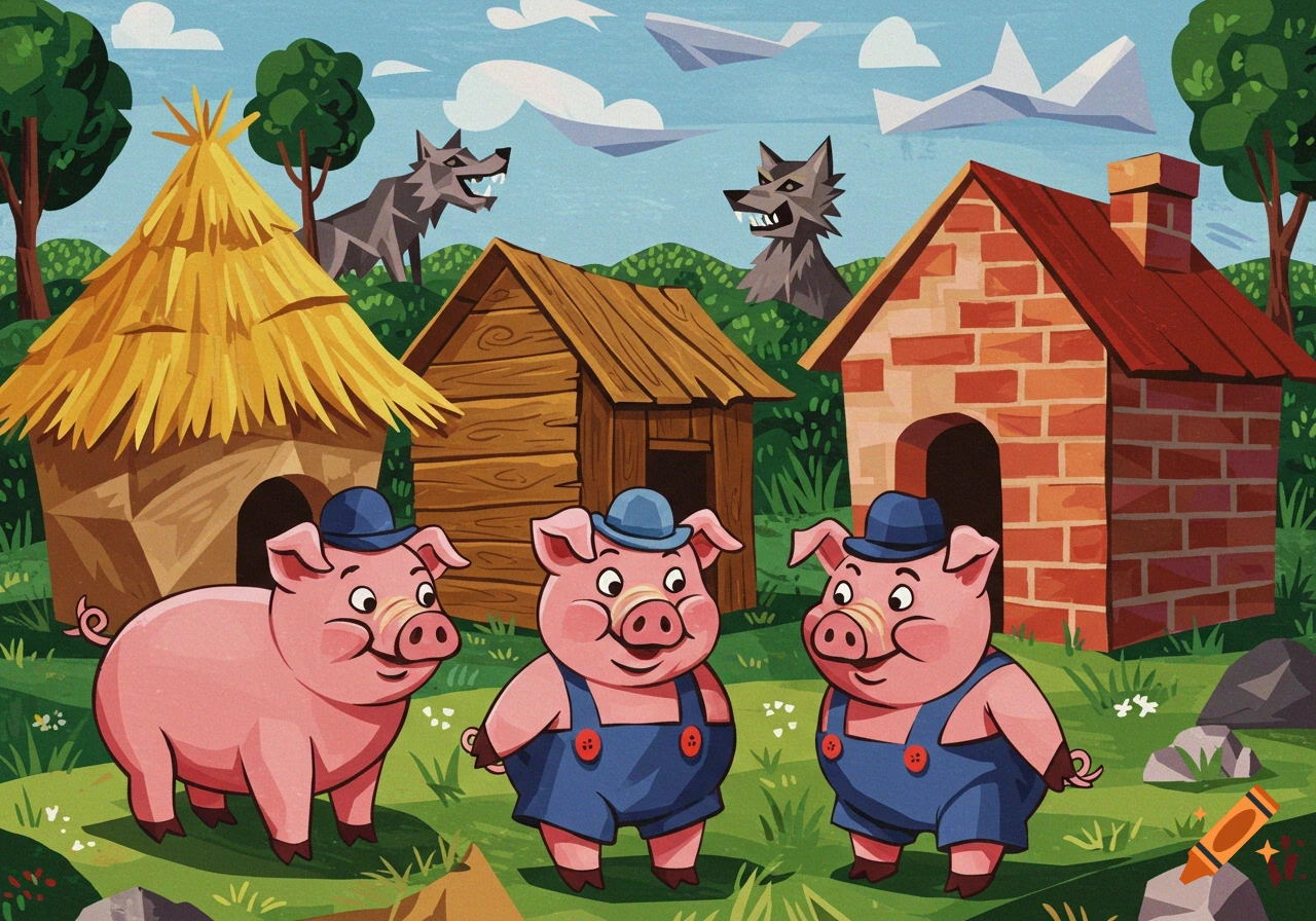 A colorful, stylized illustration of the three little pigs and their houses, with wolves in the background.