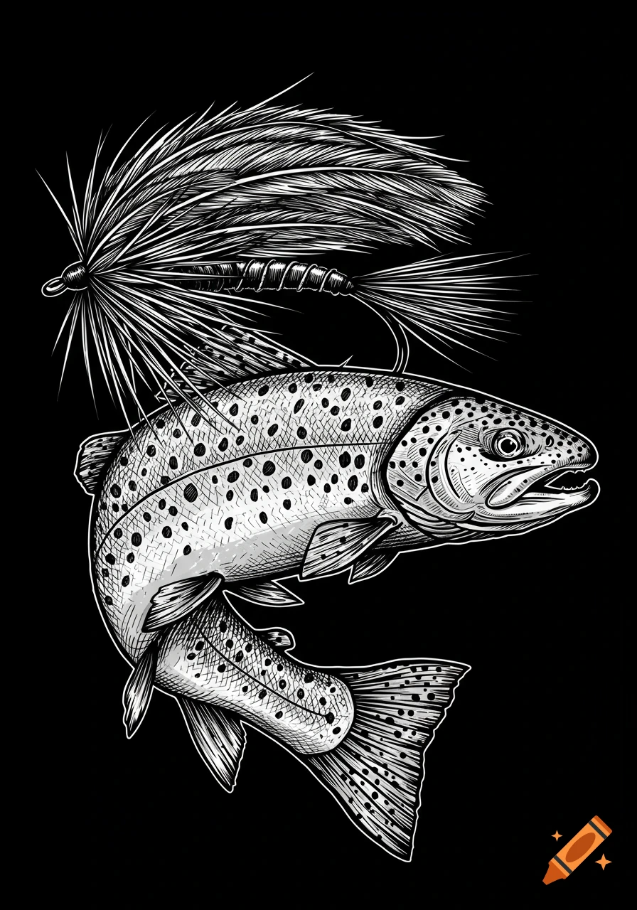 Black and white woodcut illustration of a trout fish and a fly fishing lure.