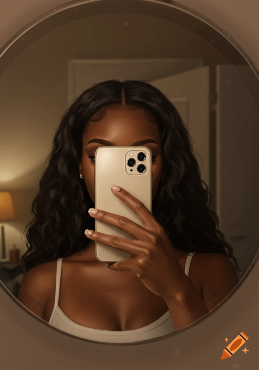 A brown-skinned woman taking a selfie in a round mirror, her face covered by a phone, in a digital painting style.