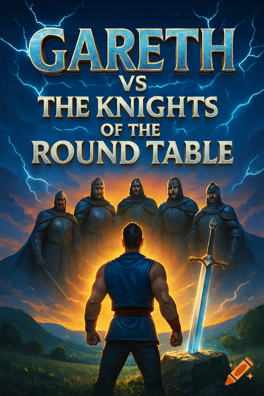 A movie poster for 'Gareth Vs The Knights Of The Round Table' showing a man facing five knights with a sword in a stone.