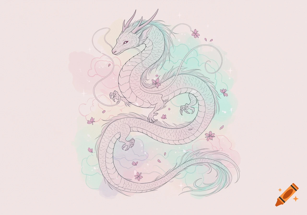 A slender, pale line art dragon with pink eyes, surrounded by pink cherry blossoms and pastel watercolor clouds.