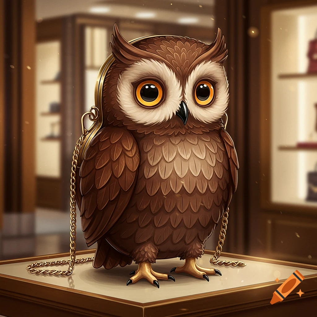 A cute, stylized brown owl with large eyes and golden chains, designed as a fashion bag, standing on a display in a store.
