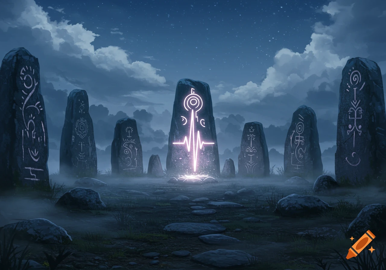 A dark, mystical stone circle at night, with a central stone glowing bright pink with a heartbeat symbol, surrounded by foggy ground under a cloudy, star-filled sky.
