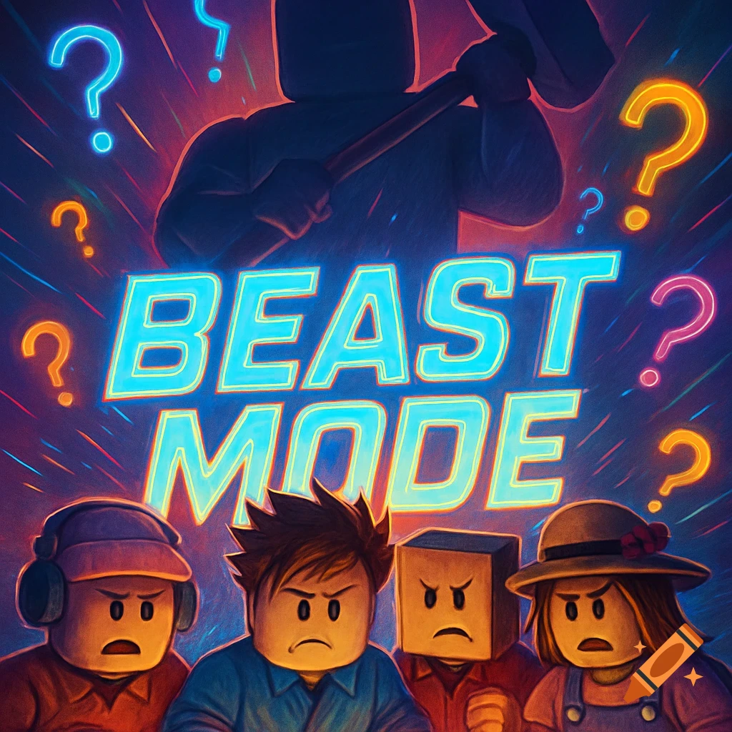 Roblox characters look serious with 'BEAST MODE' text, question marks, and a shadowy figure holding a hammer.
