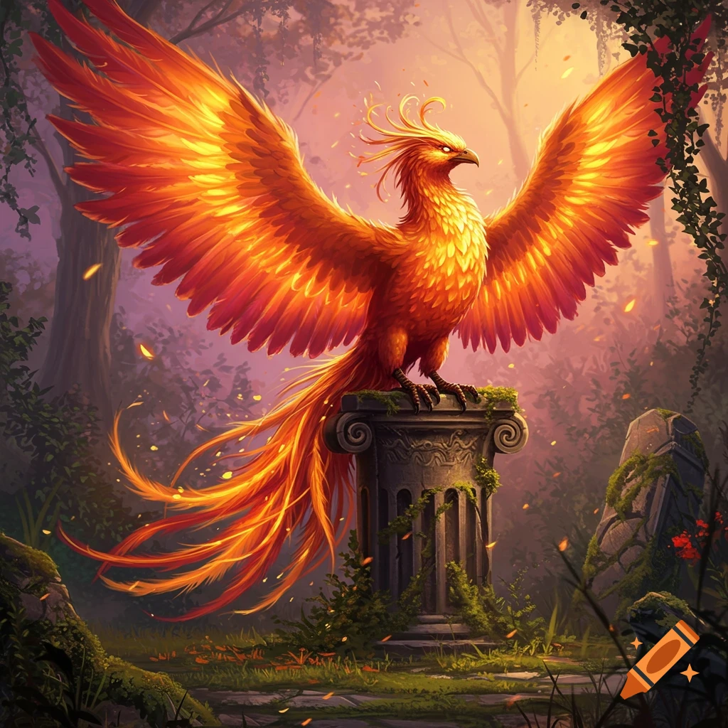 A magnificent fiery orange phoenix with large outstretched wings perched on a mossy stone pillar in an enchanting forest.