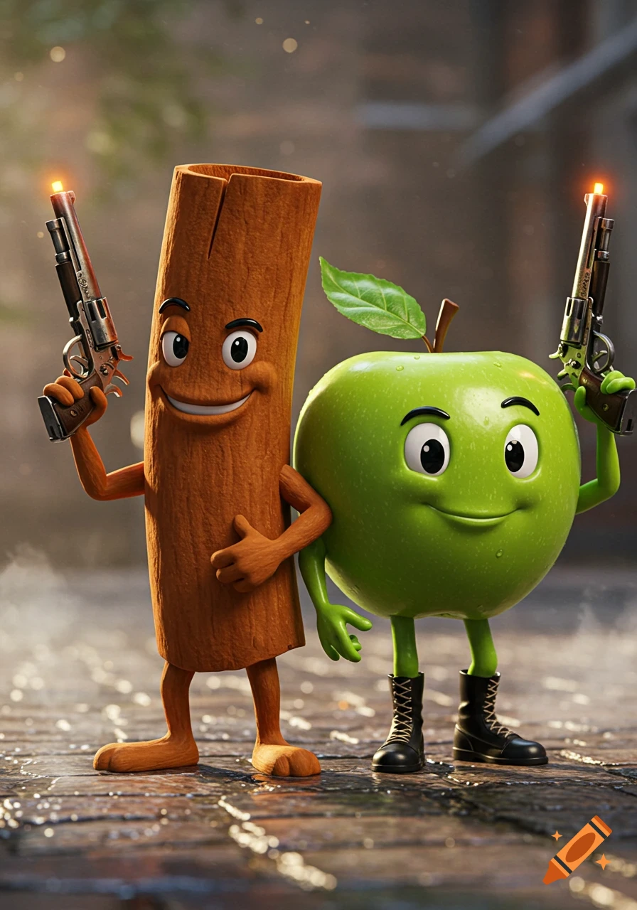 A 3D rendered image of a smiling anthropomorphic cinnamon stick and a green apple, both holding revolvers.