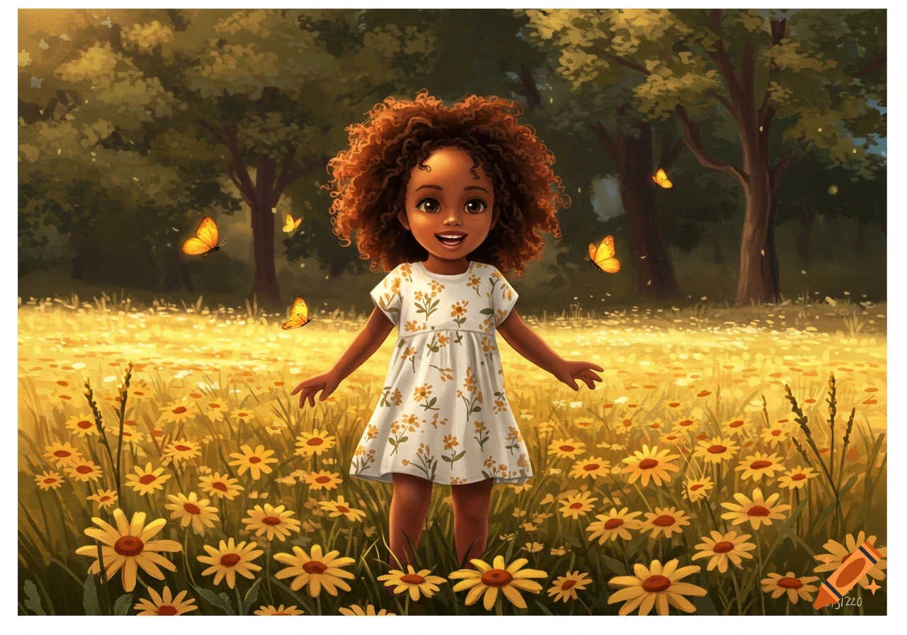 Smiling young Black girl with curly hair standing in a sunny field of yellow flowers with butterflies, illustrated style.