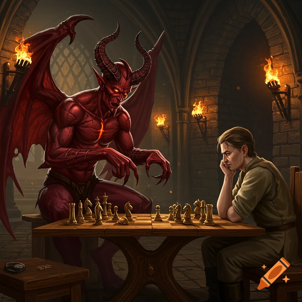 A red-skinned demon with horns and wings plays chess against a man in a torch-lit castle hall.